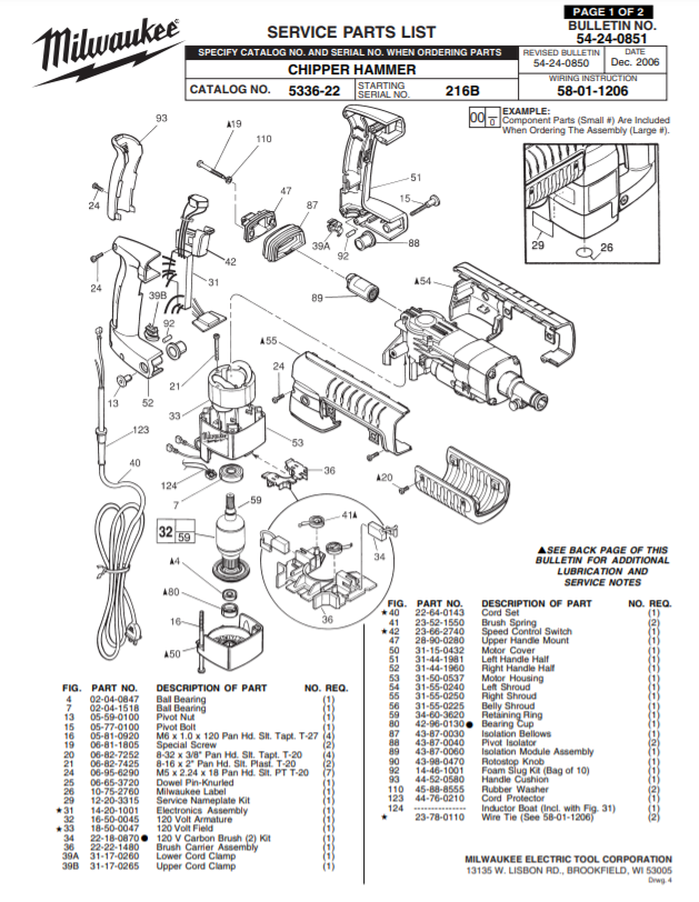 Milwaukee 5336-22 216b Parts - CHIPPER HAMMER