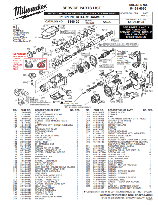 Milwaukee 5340-20 a49a Parts - 2" SPLINE ROTARY HAMMER