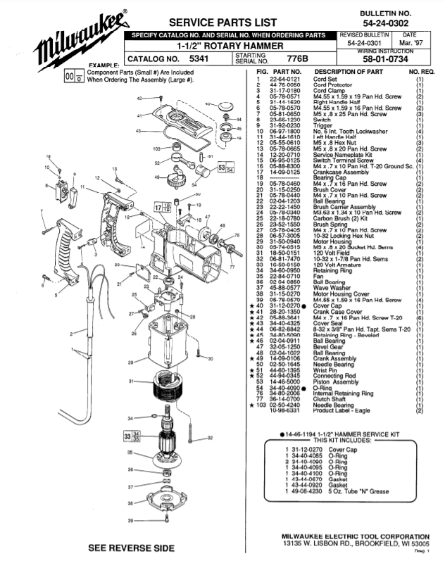 Milwaukee 5341 776b Parts - 1-1/2" ROTARY HAMMER