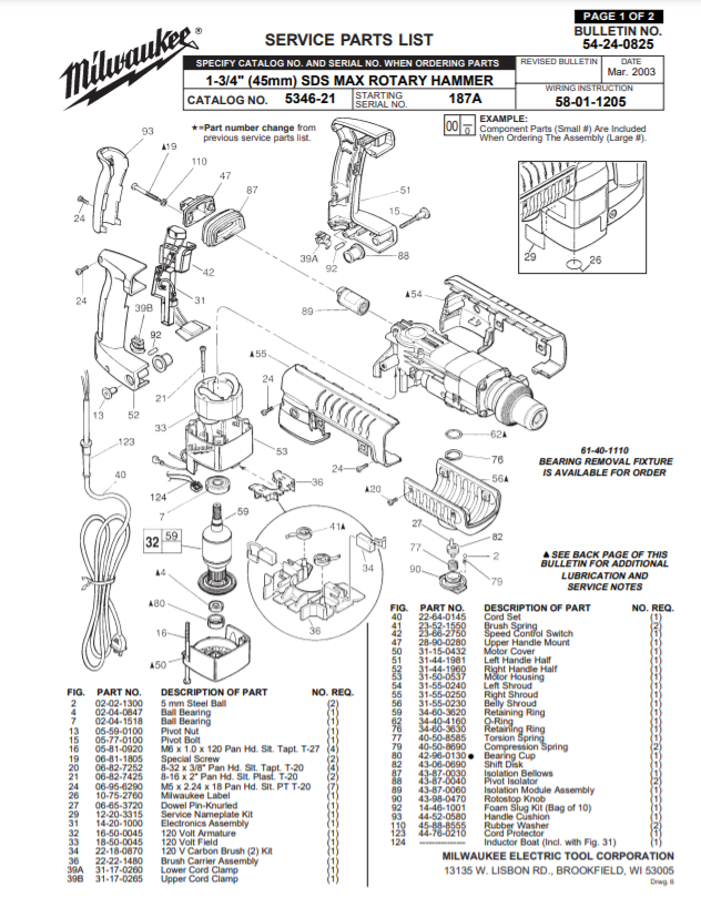 Milwaukee 5346-21 187a Parts - 1-3/4" (45mm) SDS MAX ROTARY HAMMER