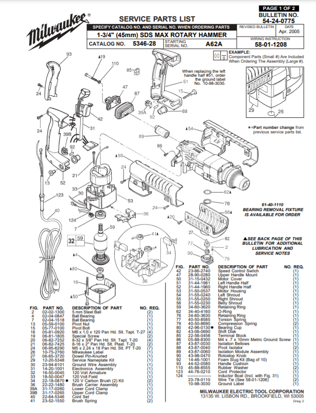 Milwaukee 5346-28 a62a Parts - 1-3/4" (45mm) SDS MAX ROTARY HAMMER