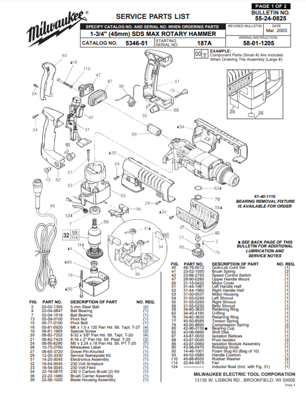 Milwaukee 5346-51 187a Parts - 1-3/4" (45mm) SDS MAX ROTARY HAMMER