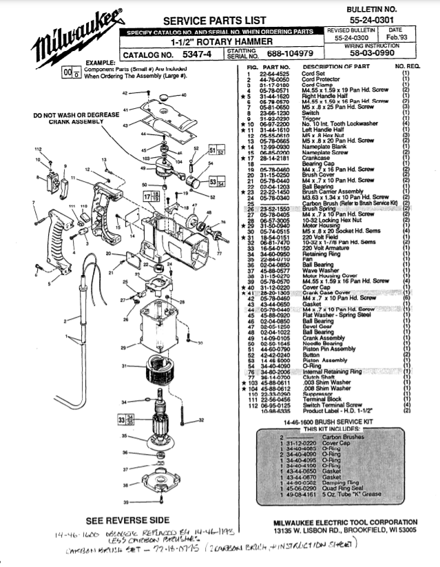 Milwaukee 5347-4 688-104979 Parts - 1-1/2" ROTARY HAMMER