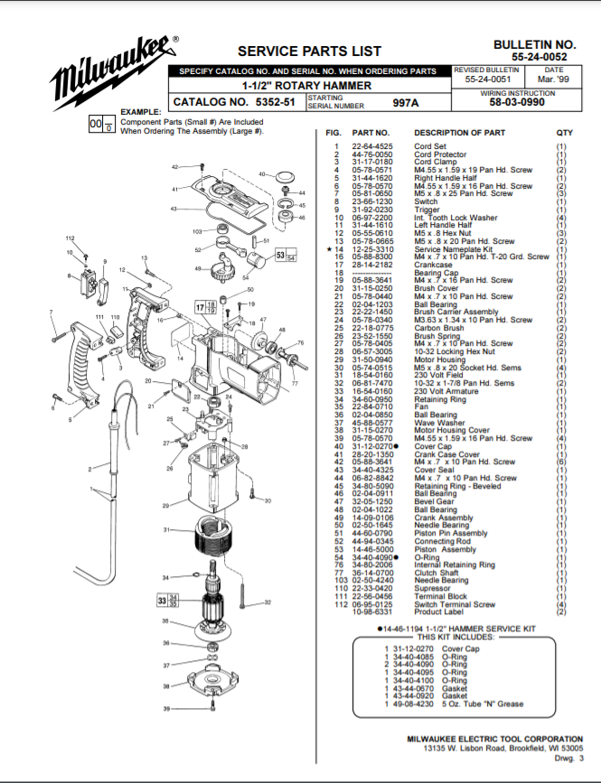 Milwaukee 5352-51 997a Parts - 1-1/2" ROTARY HAMMER