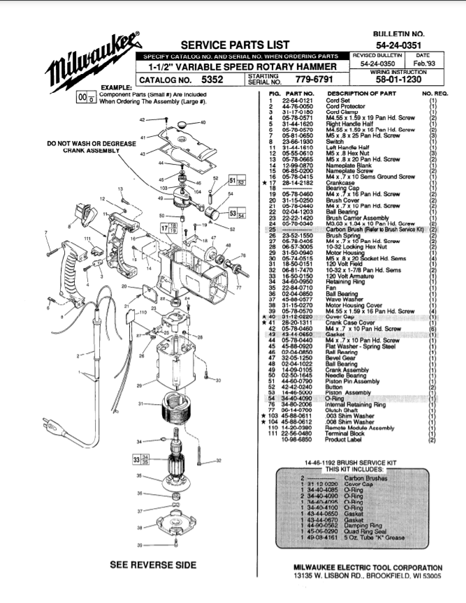 Milwaukee 5352 779-6791 Parts - 1-1/2" VARIABLE SPEED ROTARY HAMMER