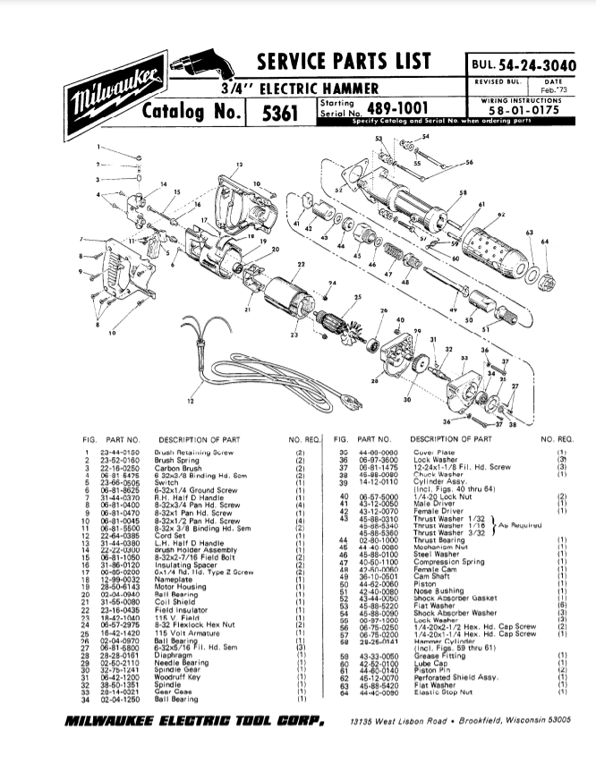 Milwaukee 5361 489-1001 Parts - 3/4" ELECTRIC HAMMER