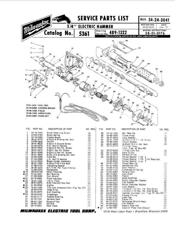 Milwaukee 5361 489-1322 Parts - 3/4" ELECTRIC HAMMER