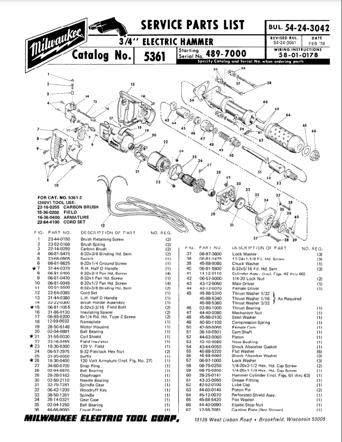 Milwaukee 5361 489-7000 Parts - 3/4" ELECTRIC HAMMER