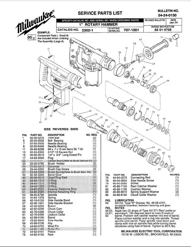 Milwaukee 5362-1 707-1001 Parts - 1" ROTARY HAMMER