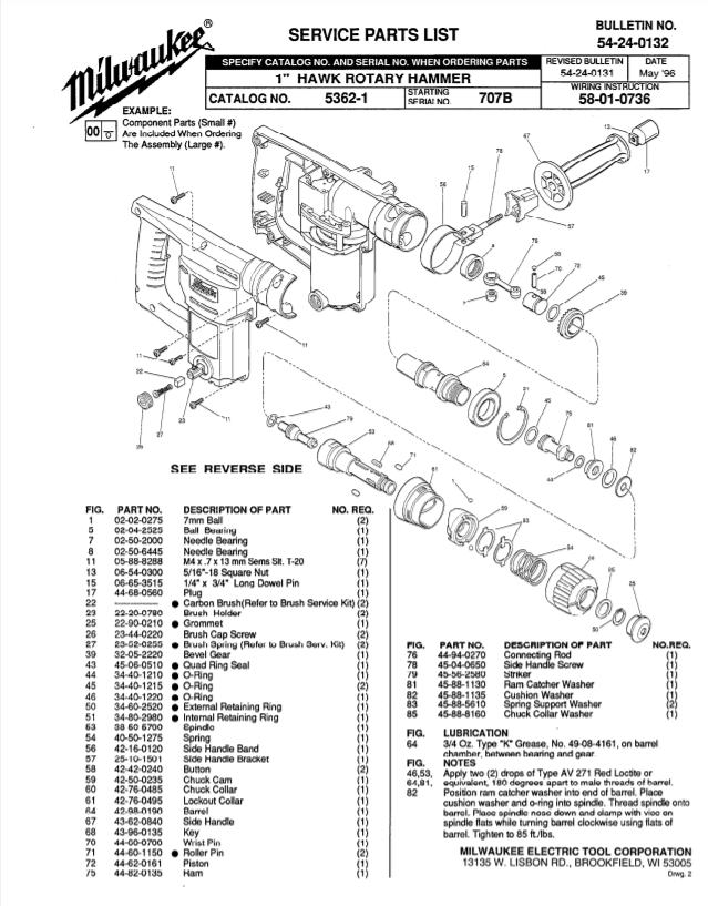 Milwaukee 5362-1 707b Parts - 1" HAWK ROTARY HAMMER