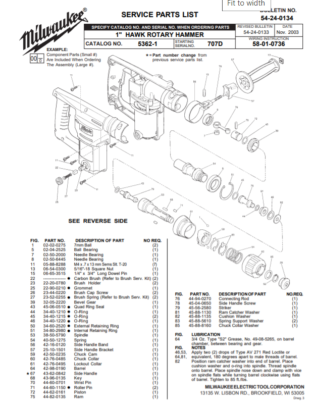 Milwaukee 5362-1 707d Parts - 1" HAWK ROTARY HAMMER