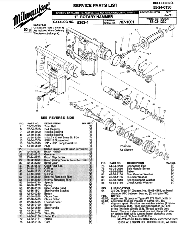 Milwaukee 5363-4 707-1001 Parts - 1" ROTARY HAMMER