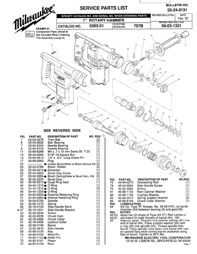 Milwaukee 5363-51 707b Parts - 1" ROTARY HAMMER