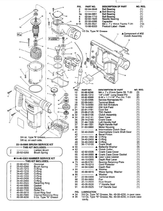 Milwaukee 5363-51 707c Parts - 1" ROTARY HAMMER