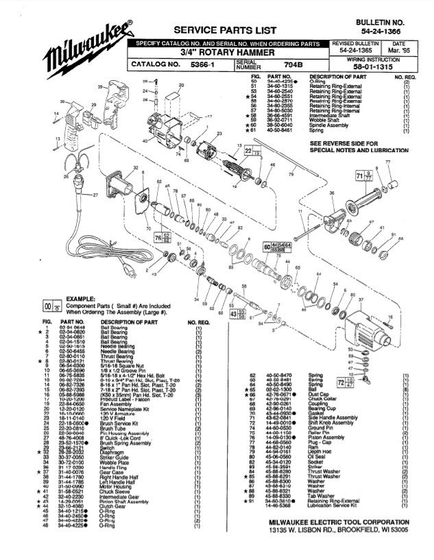 Milwaukee 5366-1 794b Parts - 3/4" ROTARY HAMMER