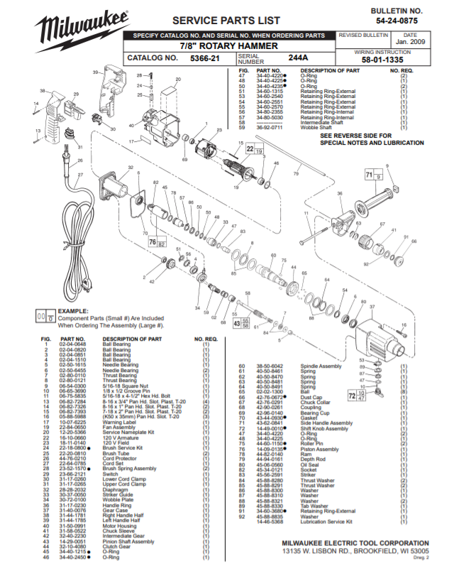 Milwaukee 5366-21 244a Parts - 7/8" ROTARY HAMMER