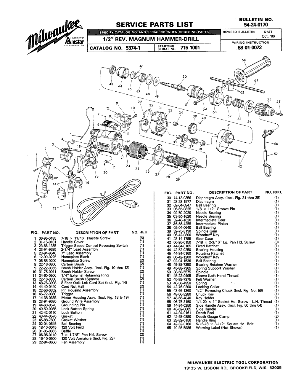 Milwaukee 5374-1 715-1001 Parts - 1/2" Rev. Magnum