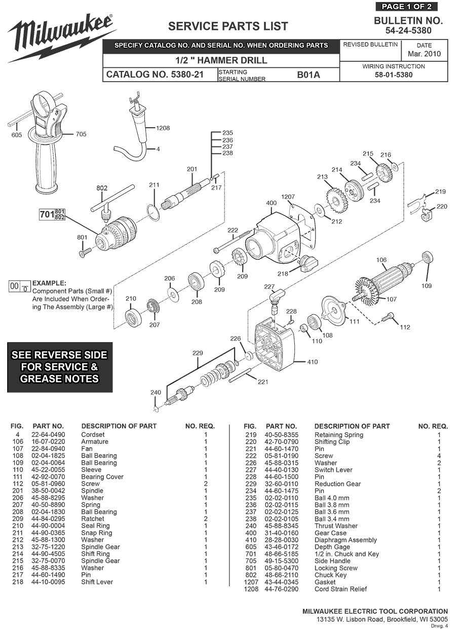 Milwaukee 5380-21 b01a Parts - 1/2" Hammer-Drill