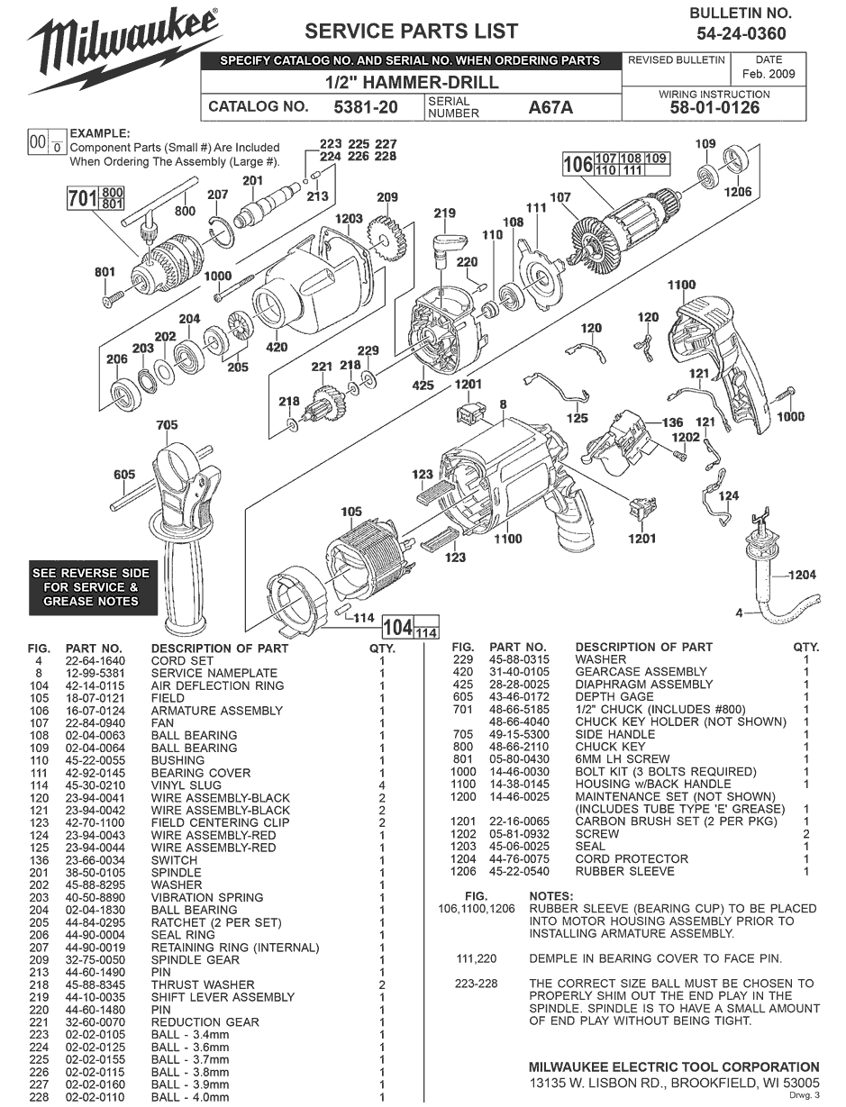 Milwaukee 5381-20 a67a Parts - 1/2" Hammer-Drill