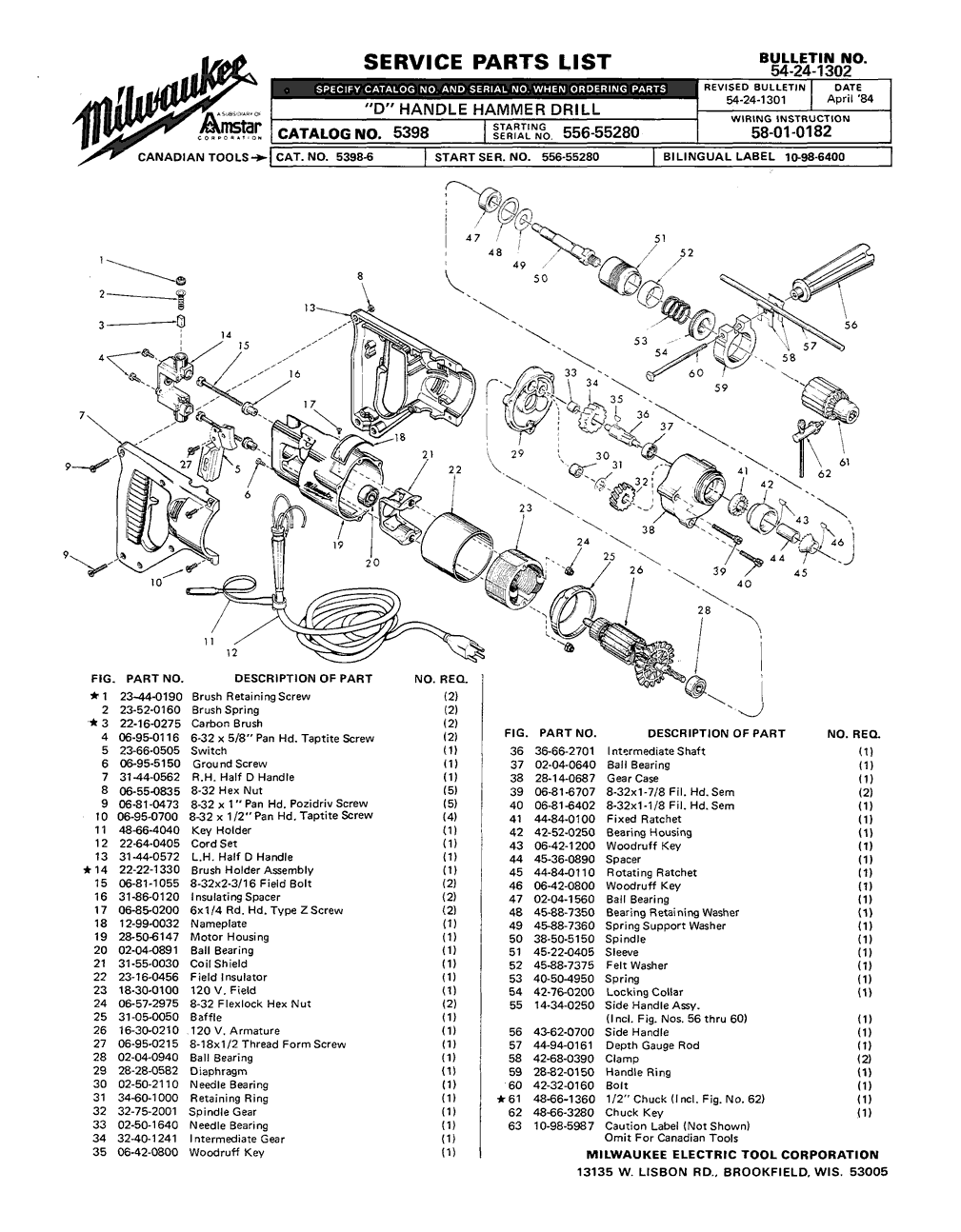 Milwaukee 5398 556-55280 Parts - D-Handle Hammer-Drill