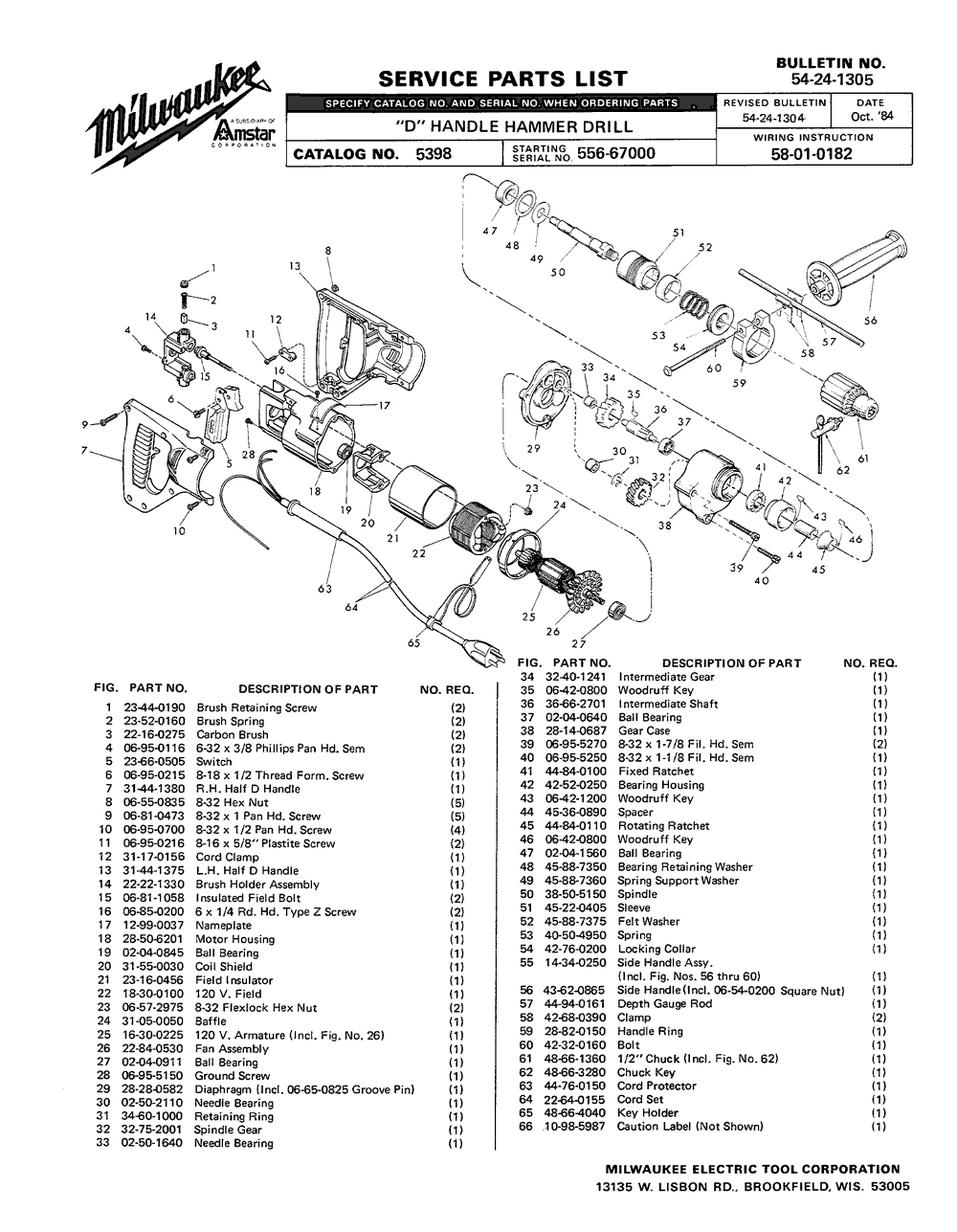 Milwaukee 5398 556-67000 Parts - D-Handle Hammer-Drill