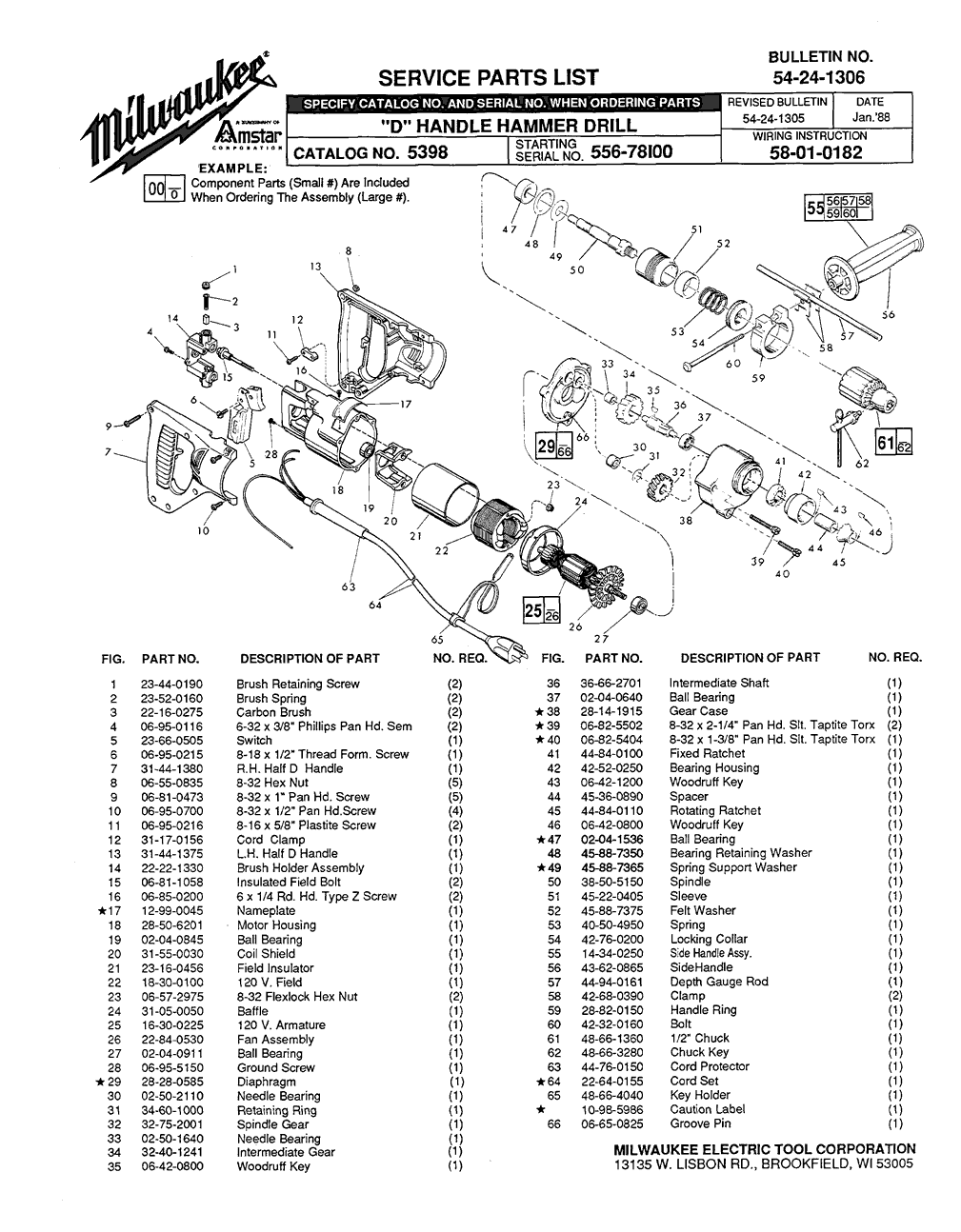 Milwaukee 5398 556-78100 Parts - D-Handle Hammer-Drill