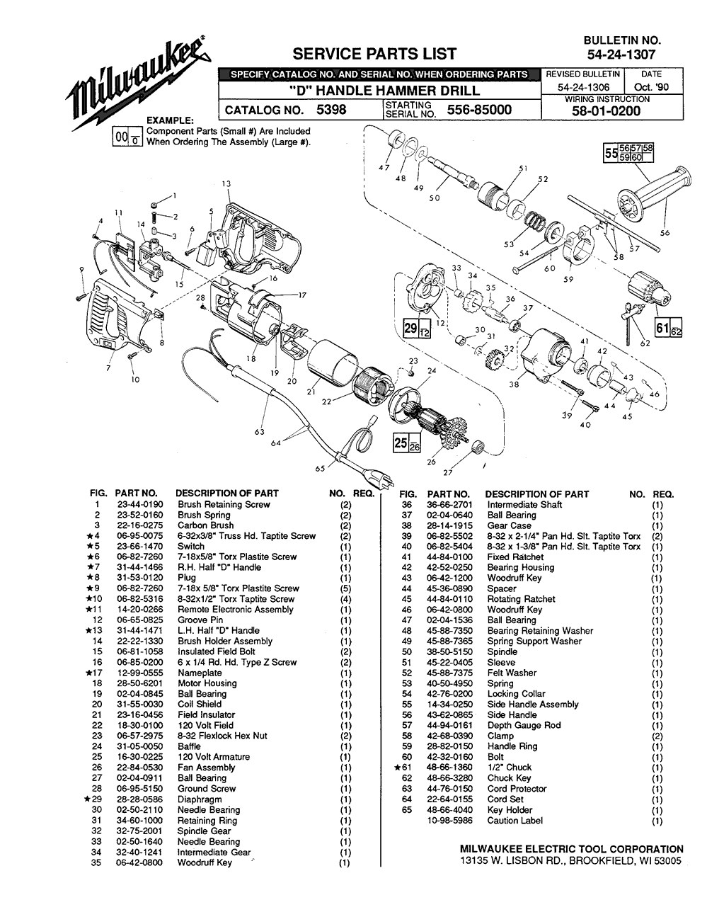 Milwaukee 5398 556-85000 Parts - D-Handle Hammer-Drill