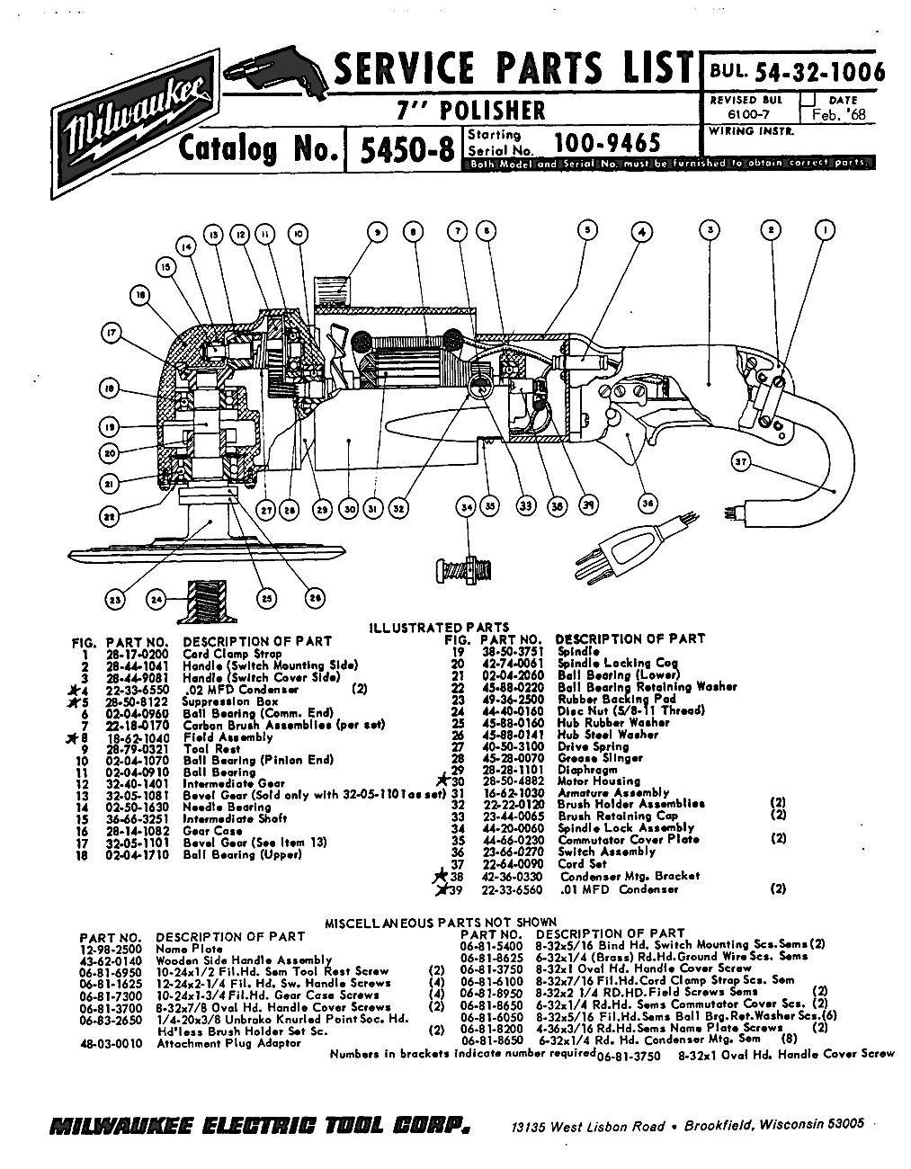 Milwaukee 5450-8 100-9465 Parts - ?7" POLISHER