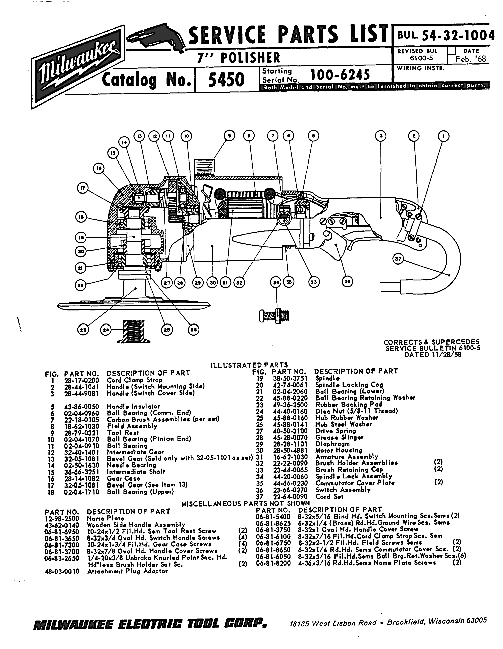 Milwaukee 5450 100-6245 Parts - ?7" POLISHER