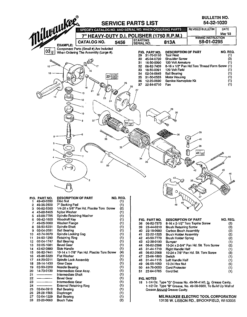 Milwaukee 5456 813a Parts - ?7" HEAVY-DUTY D.I. POLISHER (1750 R.P.M.)