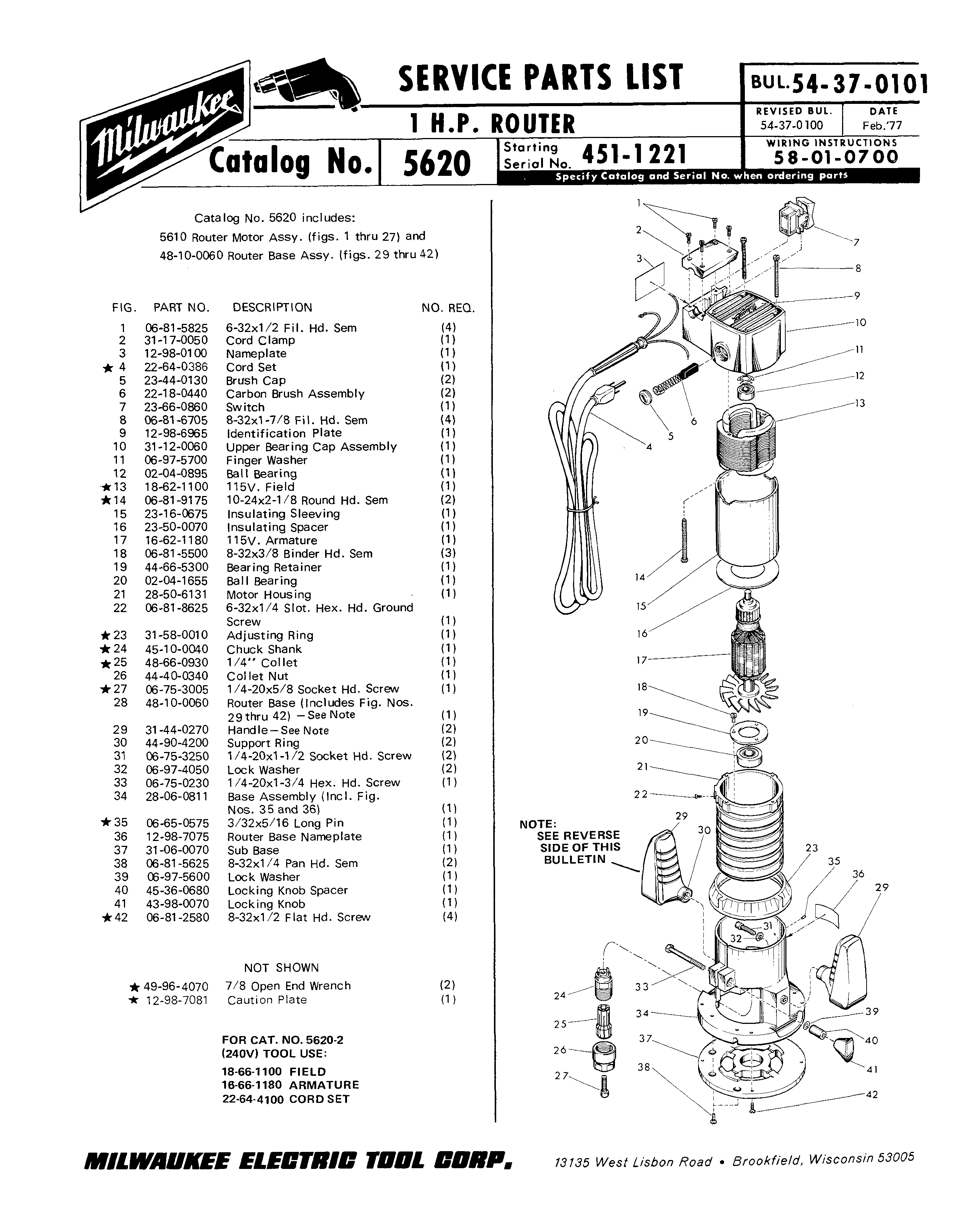 Milwaukee 5610 451-1221 Parts - ?1 H.P. ROUTER