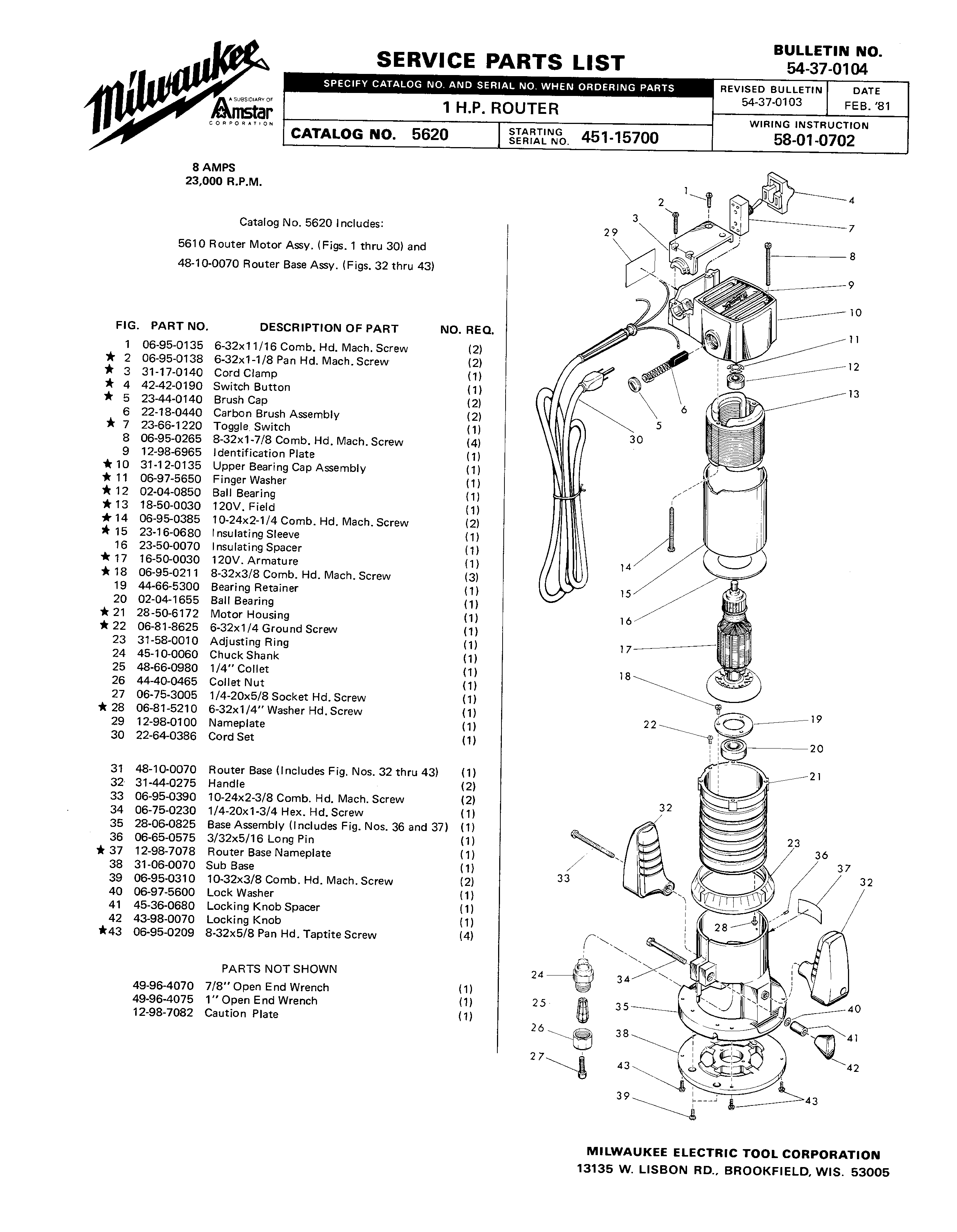 Milwaukee 5610 451-15700 Parts - ?1 H.P. ROUTER