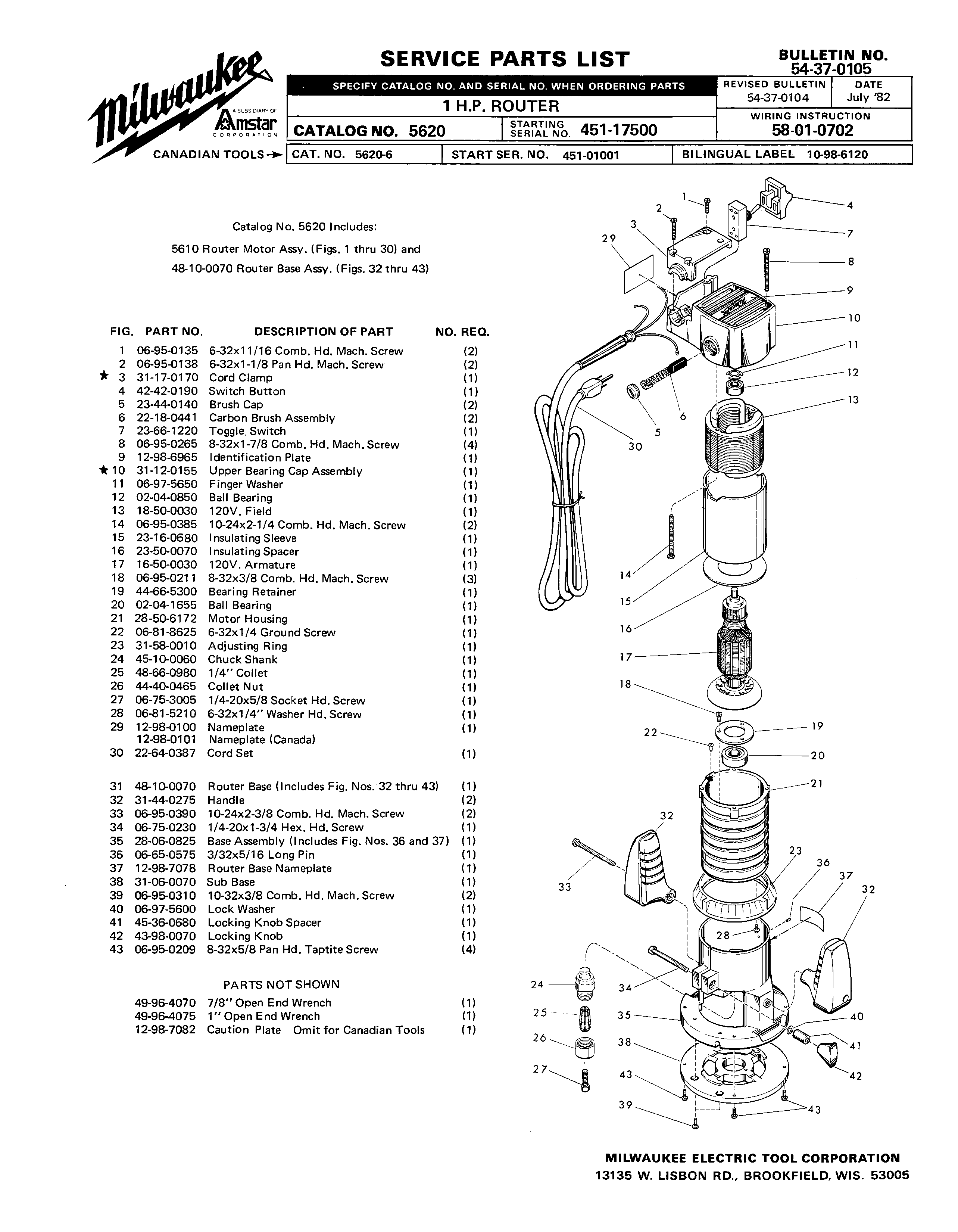 Milwaukee 5610 451-17500 Parts - 1 H.P. ROUTER