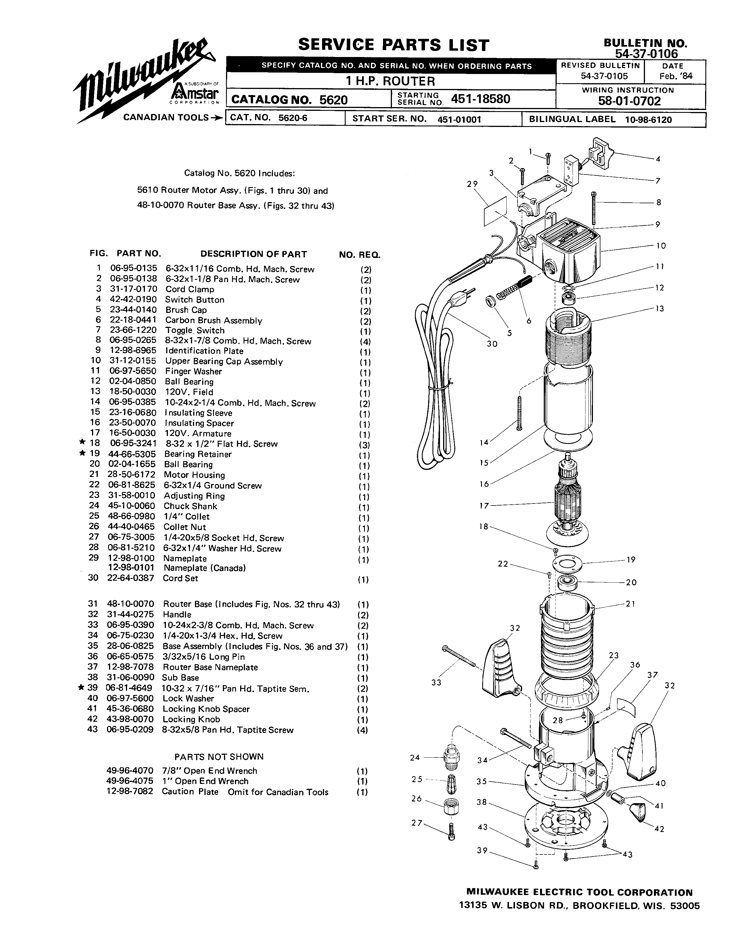 Milwaukee 5610 451-18580 Parts - 1 H.P. ROUTER