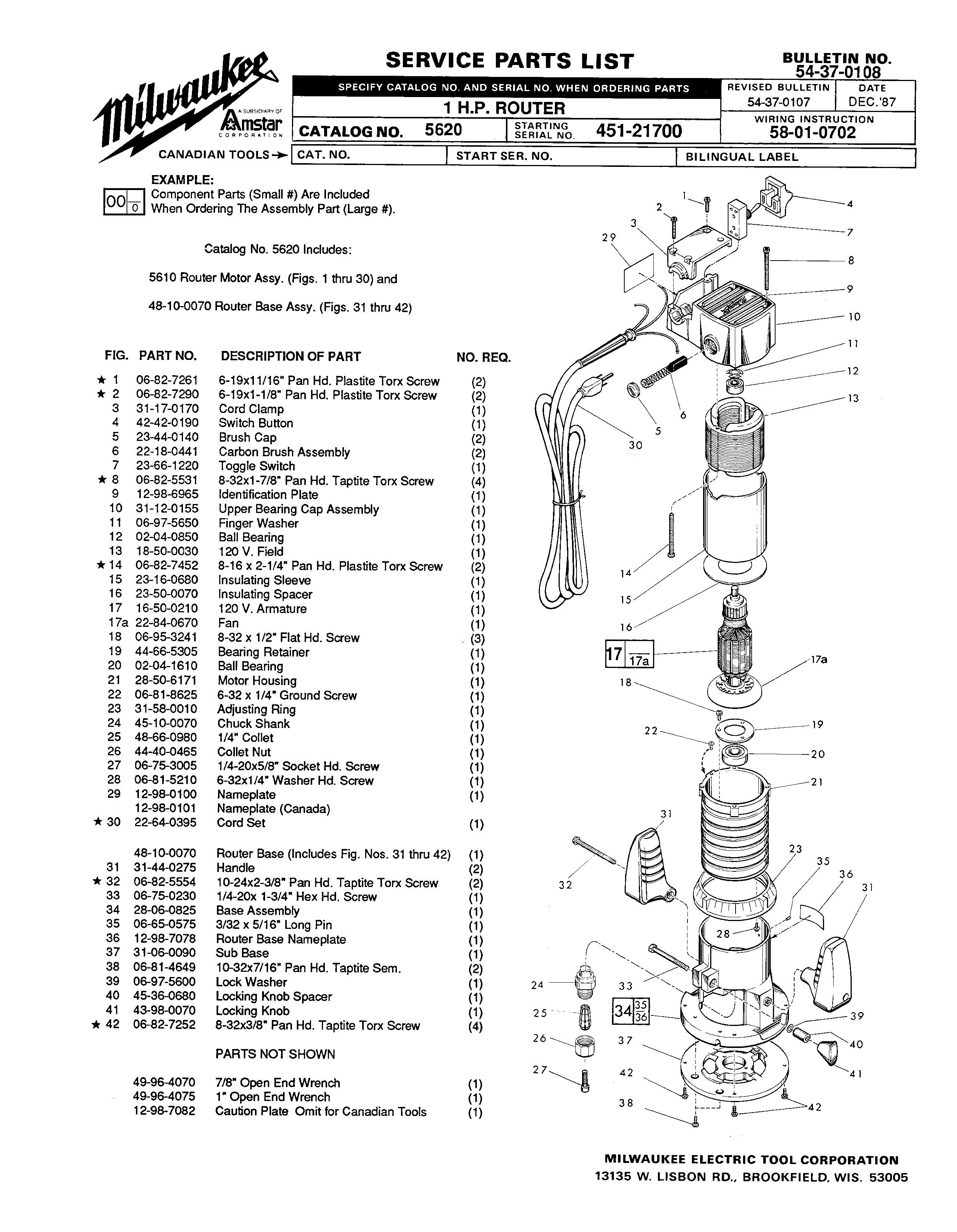 Milwaukee 5610 451-21700 Parts - 1 H.P. ROUTER