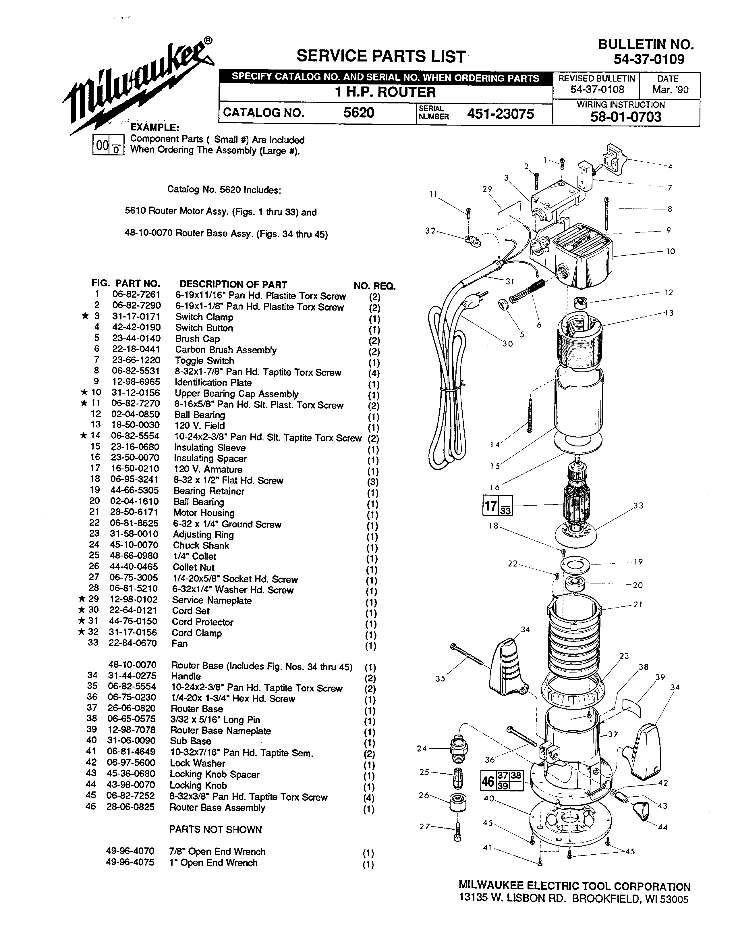 Milwaukee 5610 451-23075 Parts - 1 H.P. ROUTER