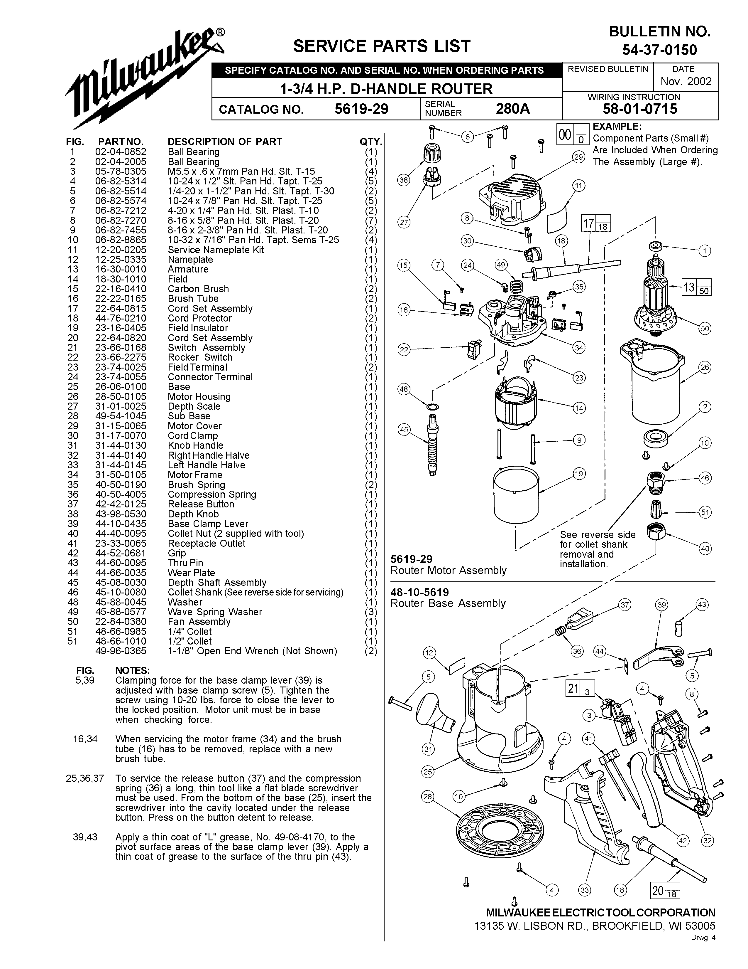 Milwaukee 5619-29 280a Parts - ??1-3/4 H.P. D-HANDLE ROUTER