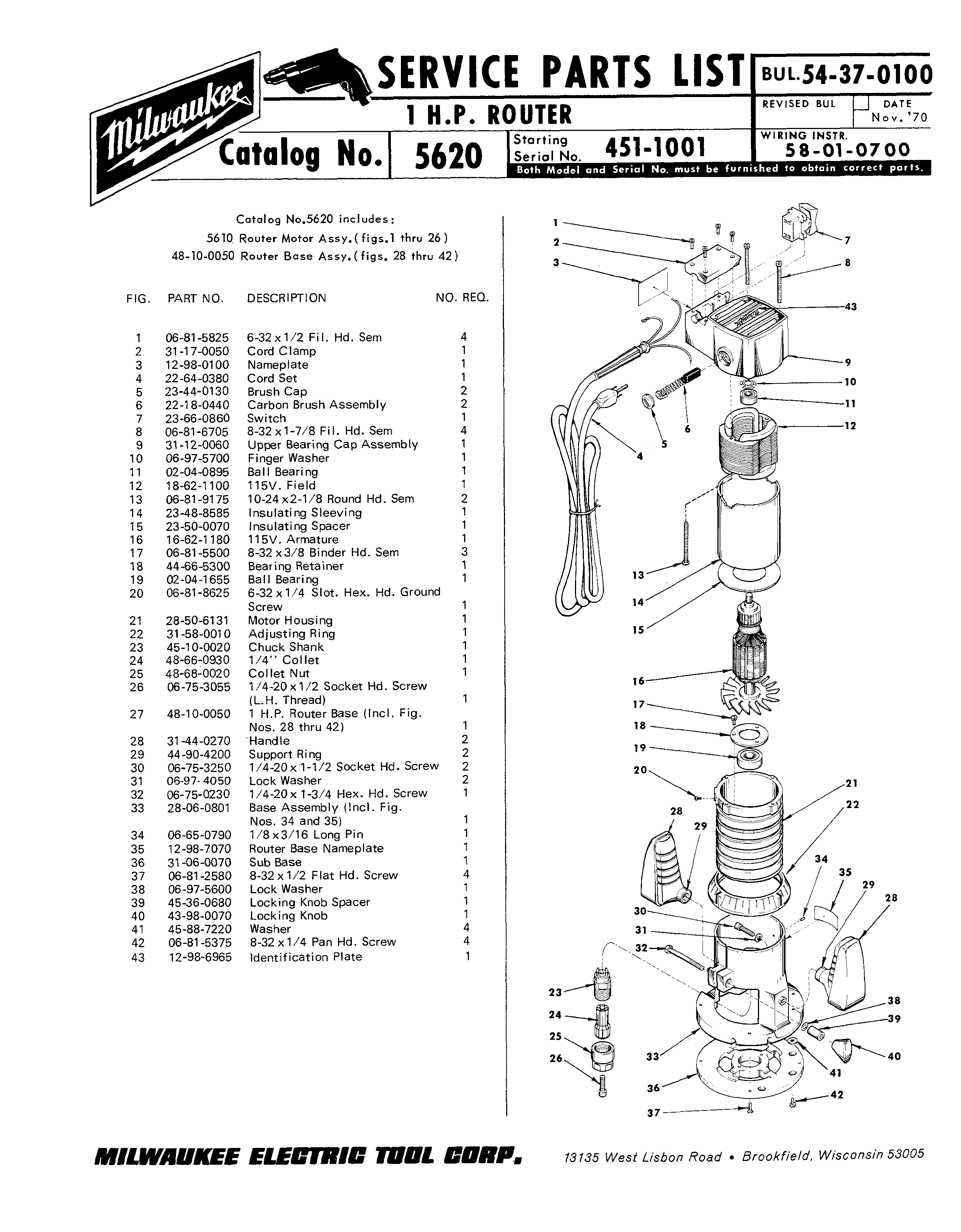 Milwaukee 5620 451-1001 Parts - 1 H.P. ROUTER