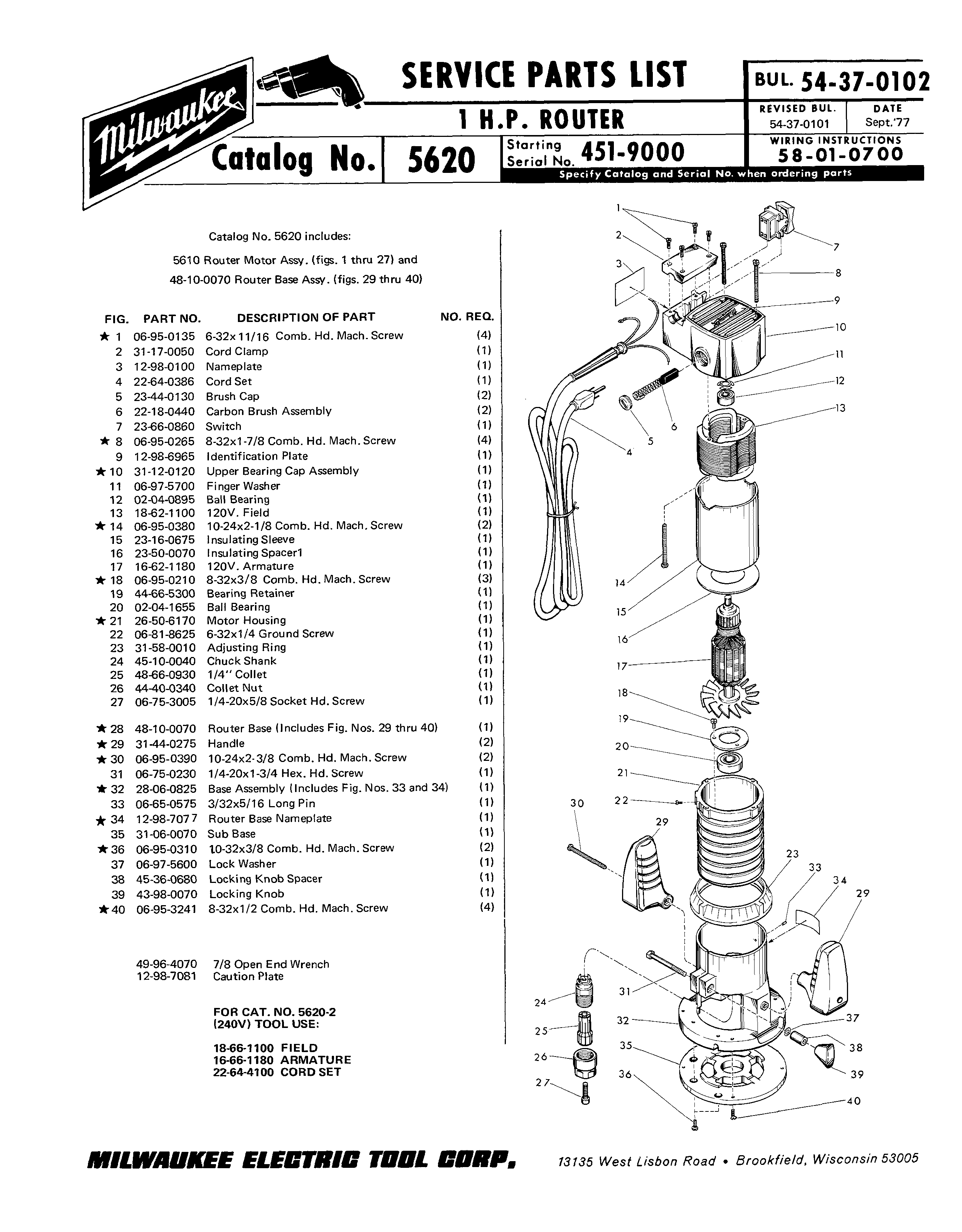 Milwaukee 5620 451-9000 Parts - 1 H.P. ROUTER