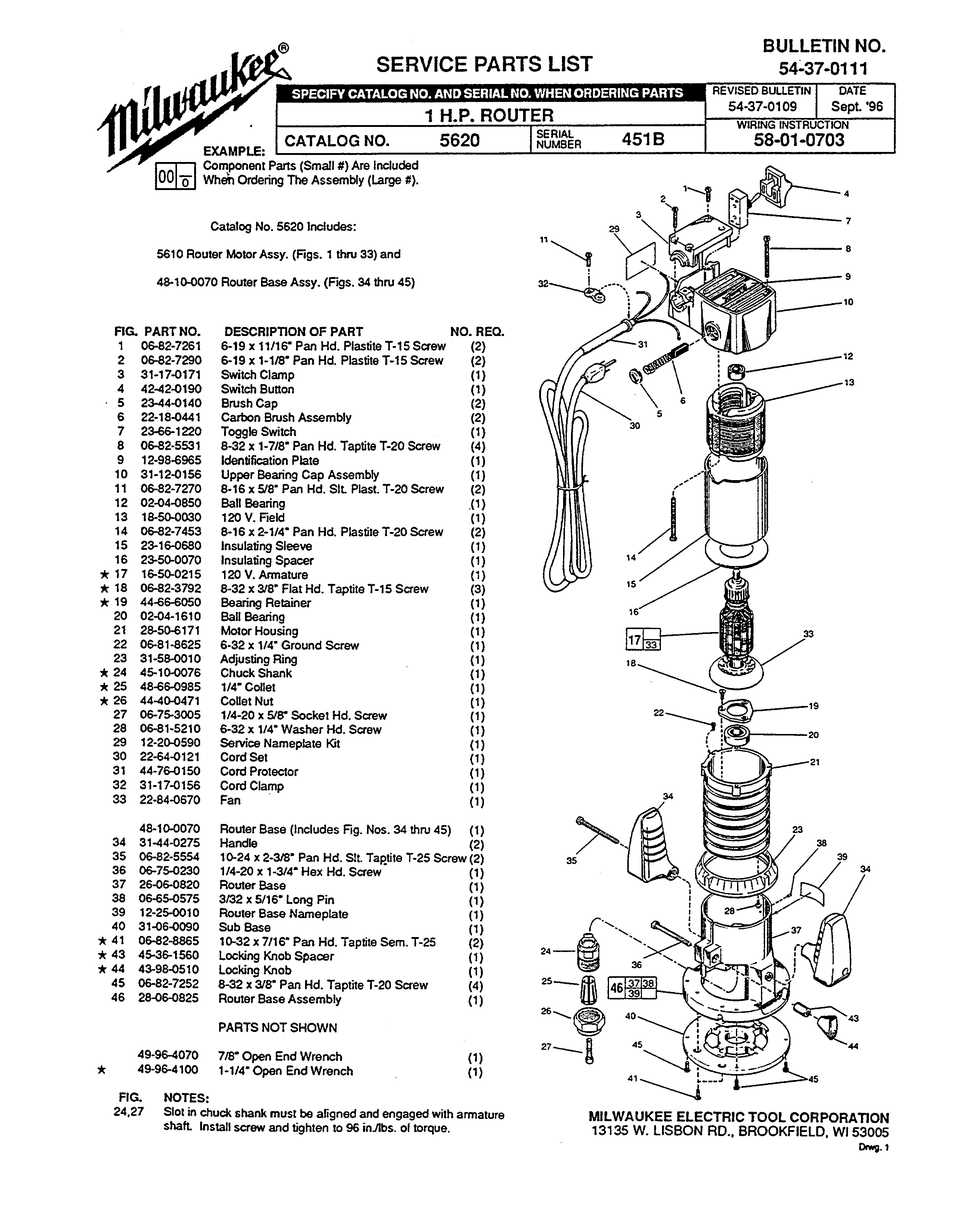 Milwaukee 5620 451b Parts - ?1 H.P. ROUTER