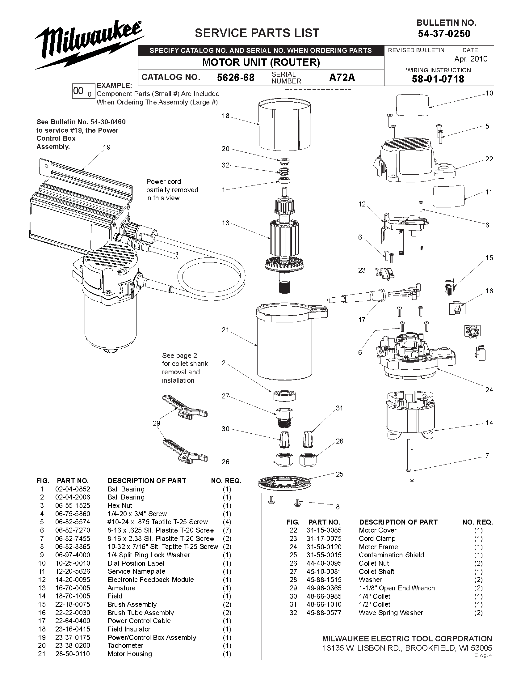 Milwaukee 5626-68 a72a Parts - ?MOTOR UNIT ROUTER