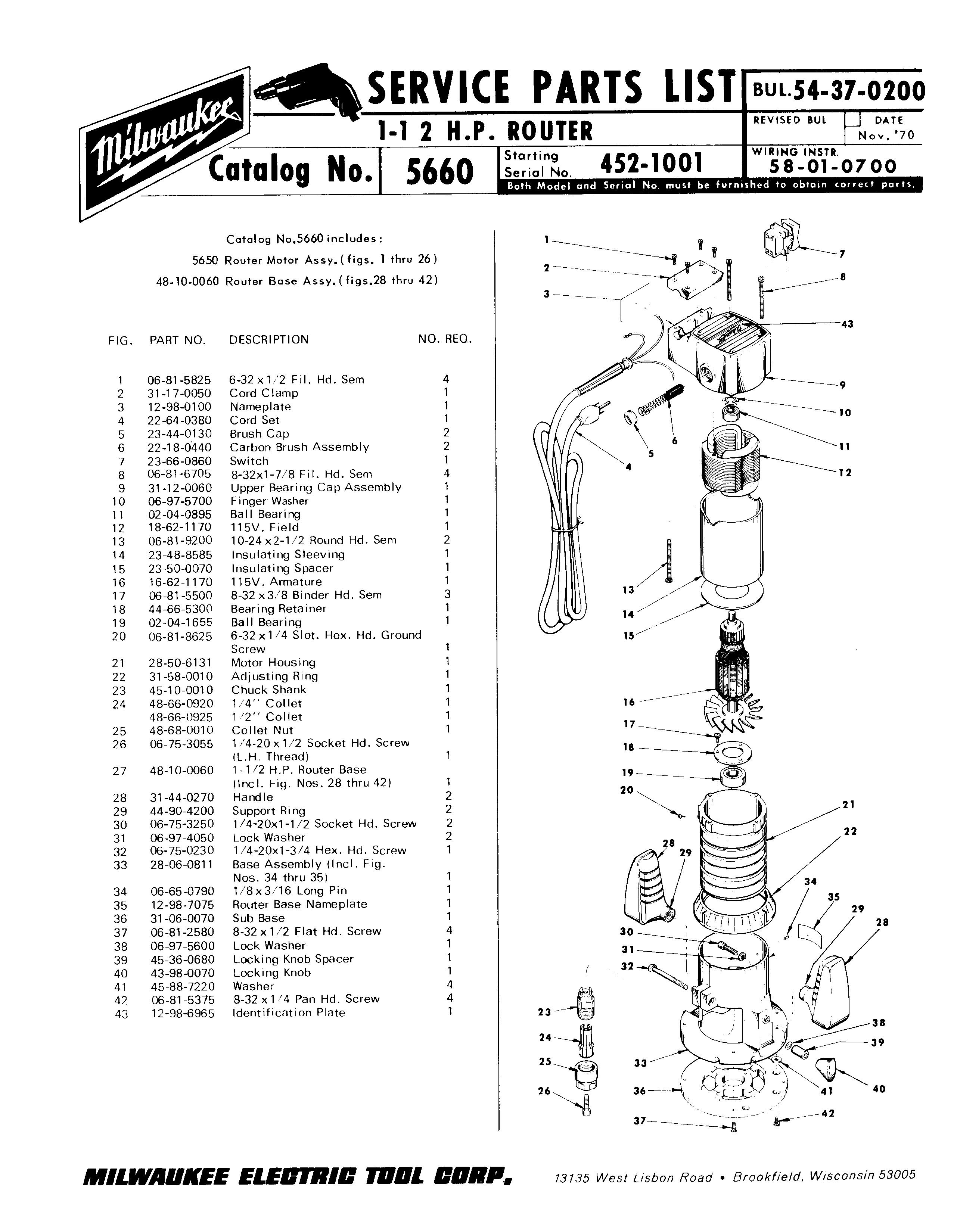 Milwaukee 5650 452-1001 Parts - ?1-1/2 H.P. ROUTER