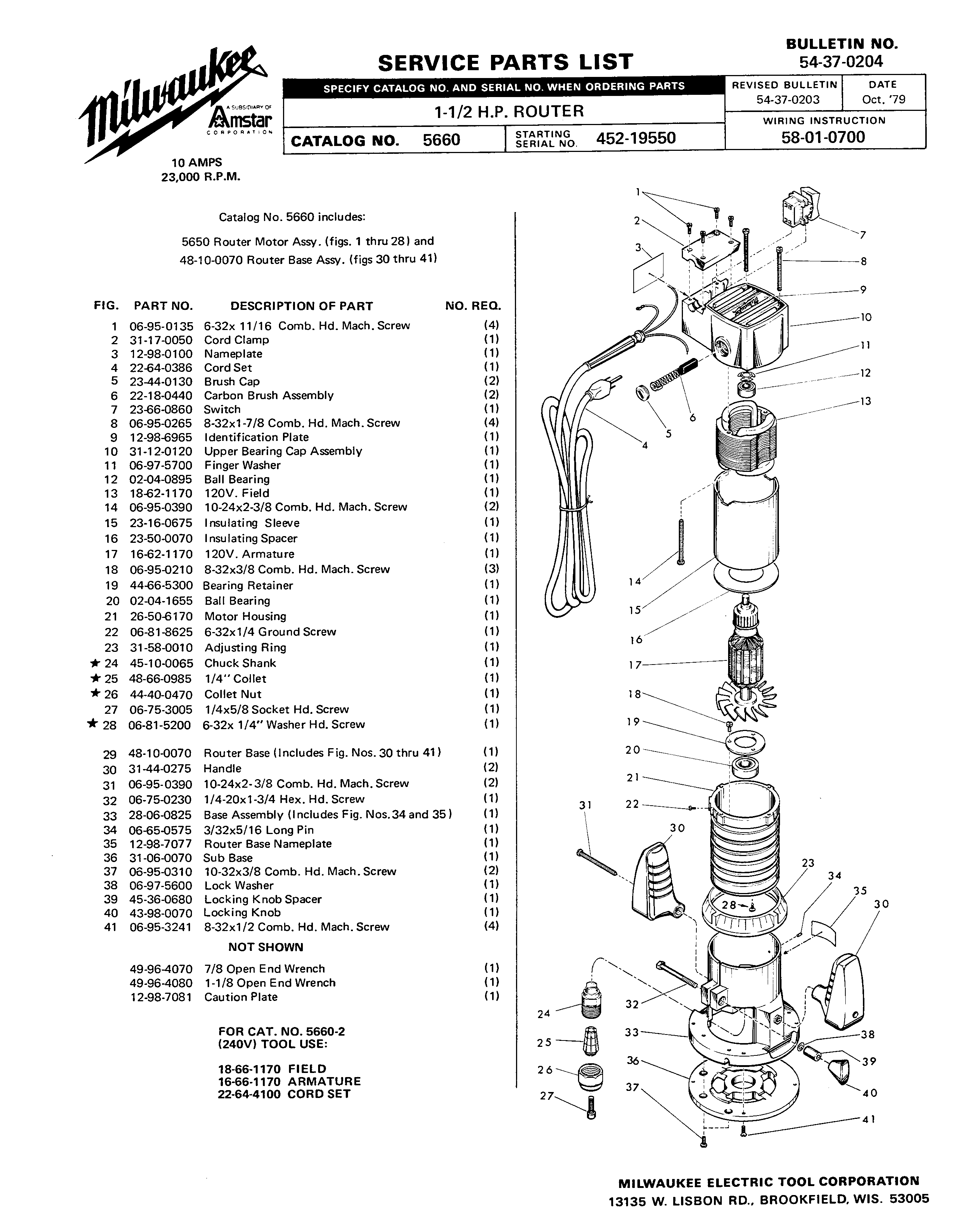 Milwaukee 5650 452-19550 Parts - ?1-1/2 H.P. ROUTER