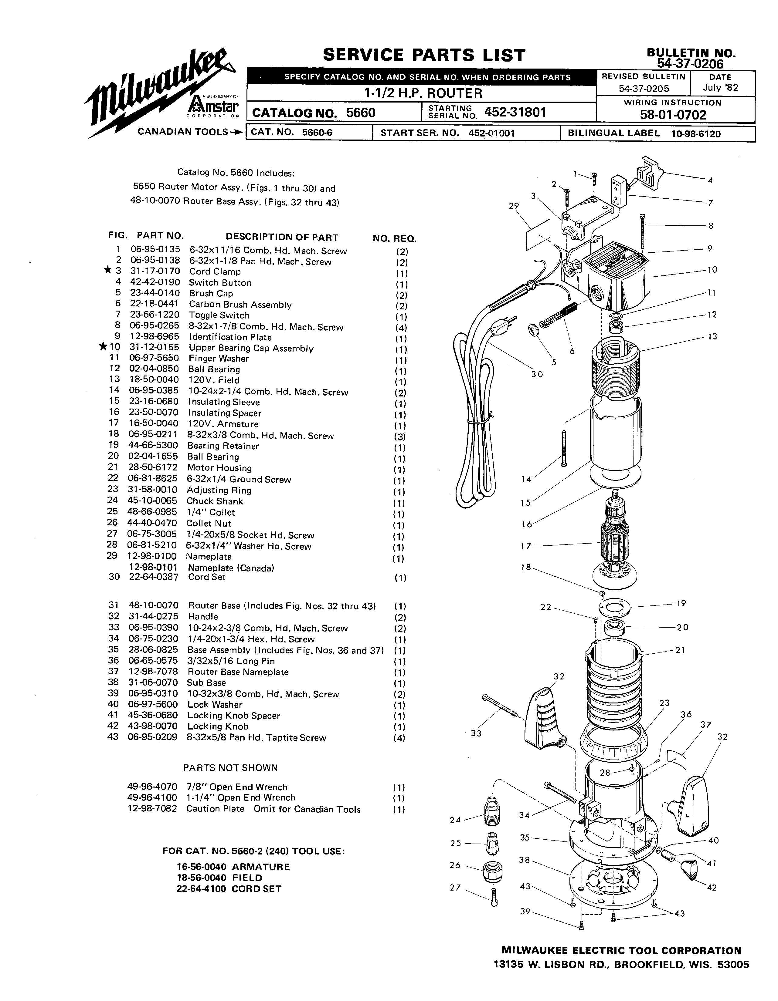 Milwaukee 5650 452-31801 Parts - ?1-1/2 H.P. ROUTER