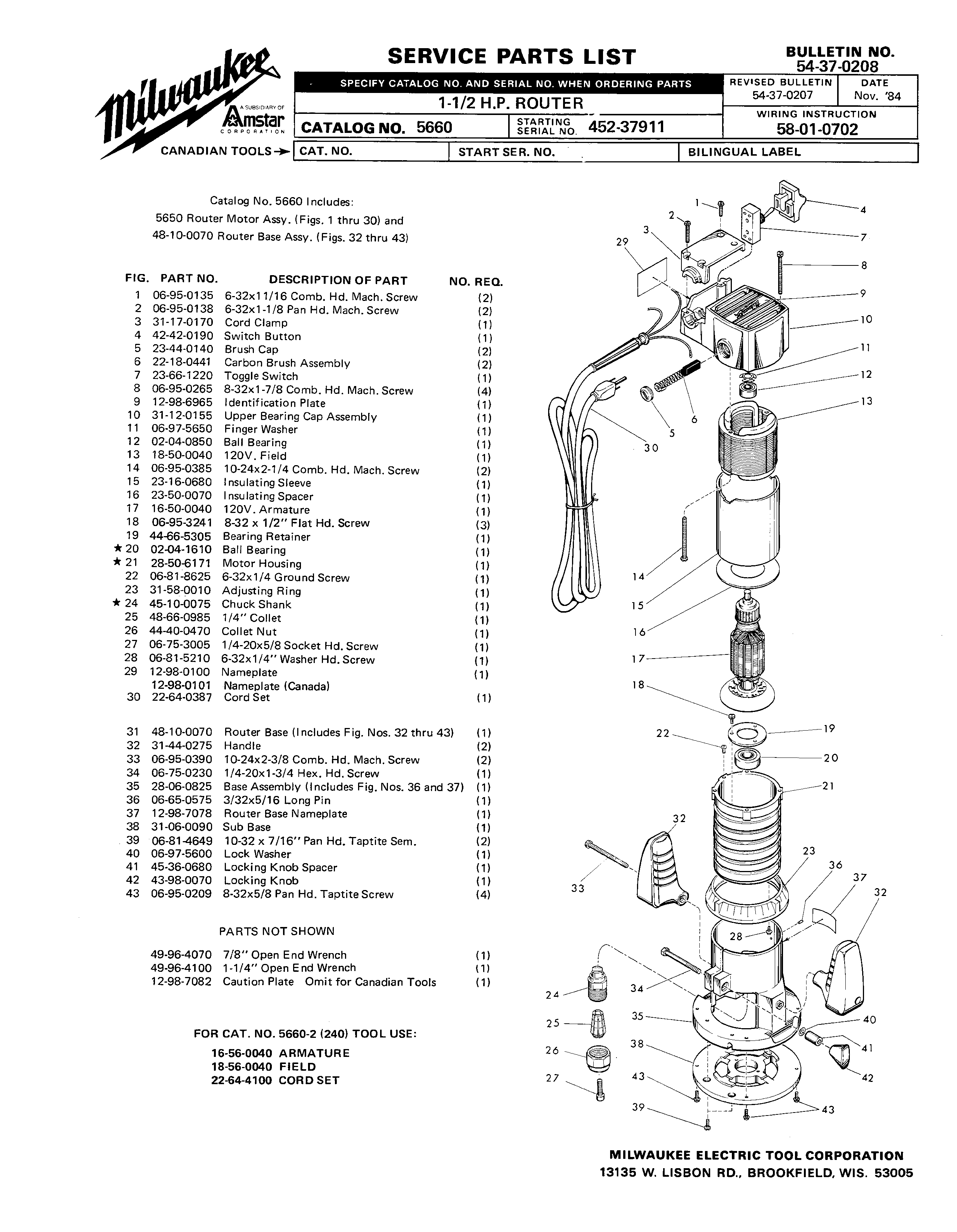 Milwaukee 5650 452-37911 Parts - ?1-1/2 H.P. ROUTER