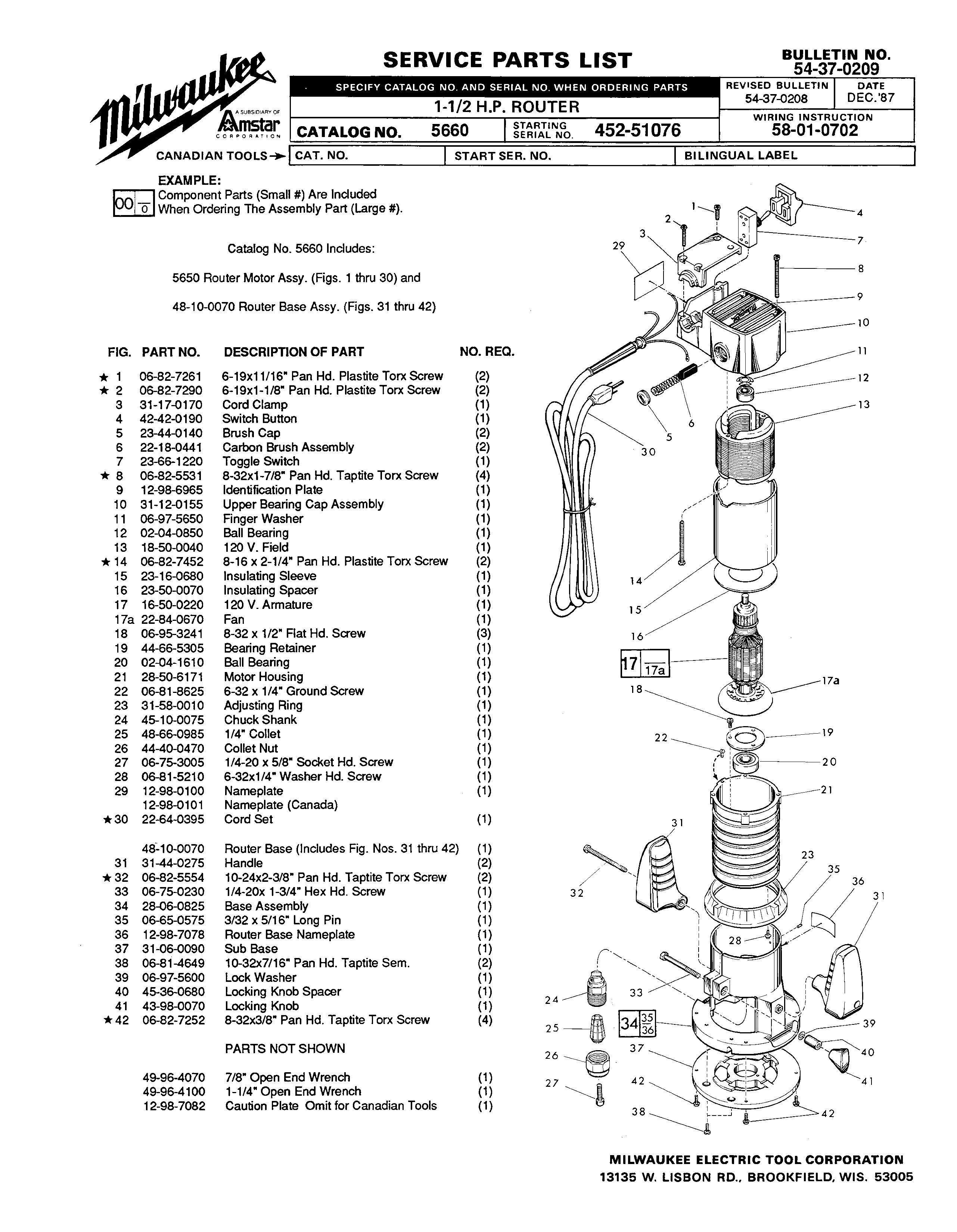 Milwaukee 5650 452-51076 Parts - ?1-1/2 H.P. ROUTER