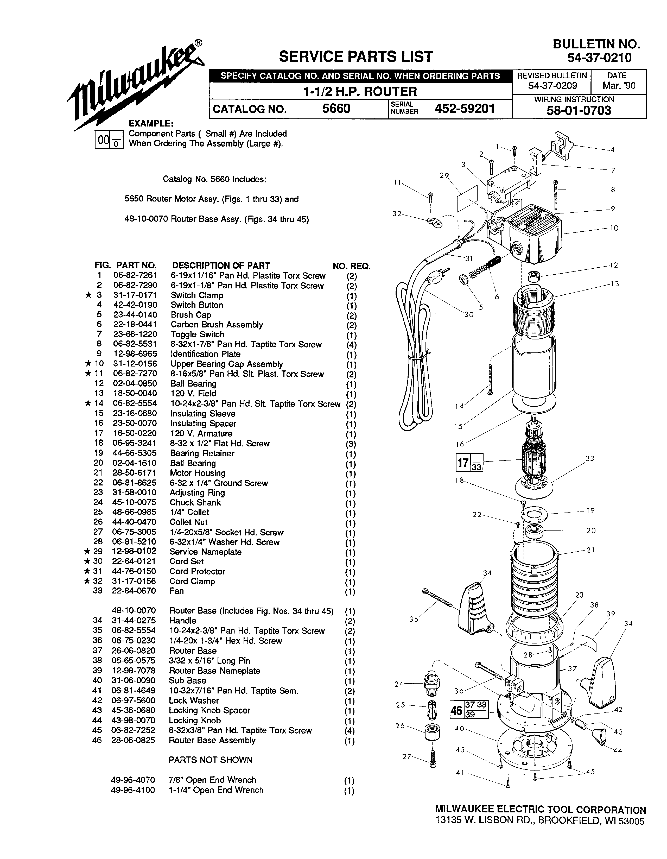 Milwaukee 5650 452-59201 Parts - ?1-1/2 H.P. ROUTER