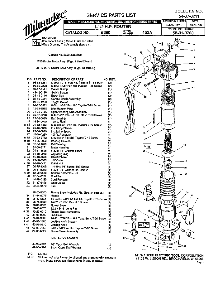 Milwaukee 5650 452a Parts - ?1-1 2 H.P. ROUTER