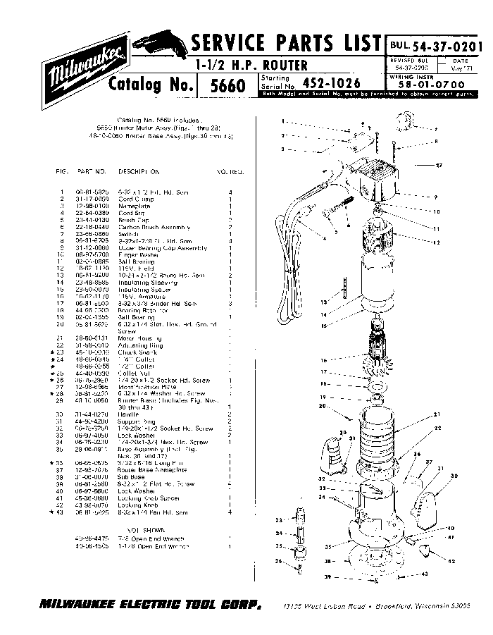 Milwaukee 5660 452-1026 Parts - ?1-1/2 H.P. ROUTER