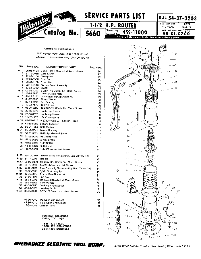 Milwaukee 5660 452-11000 Parts - ?1-1/2 H.P. ROUTER